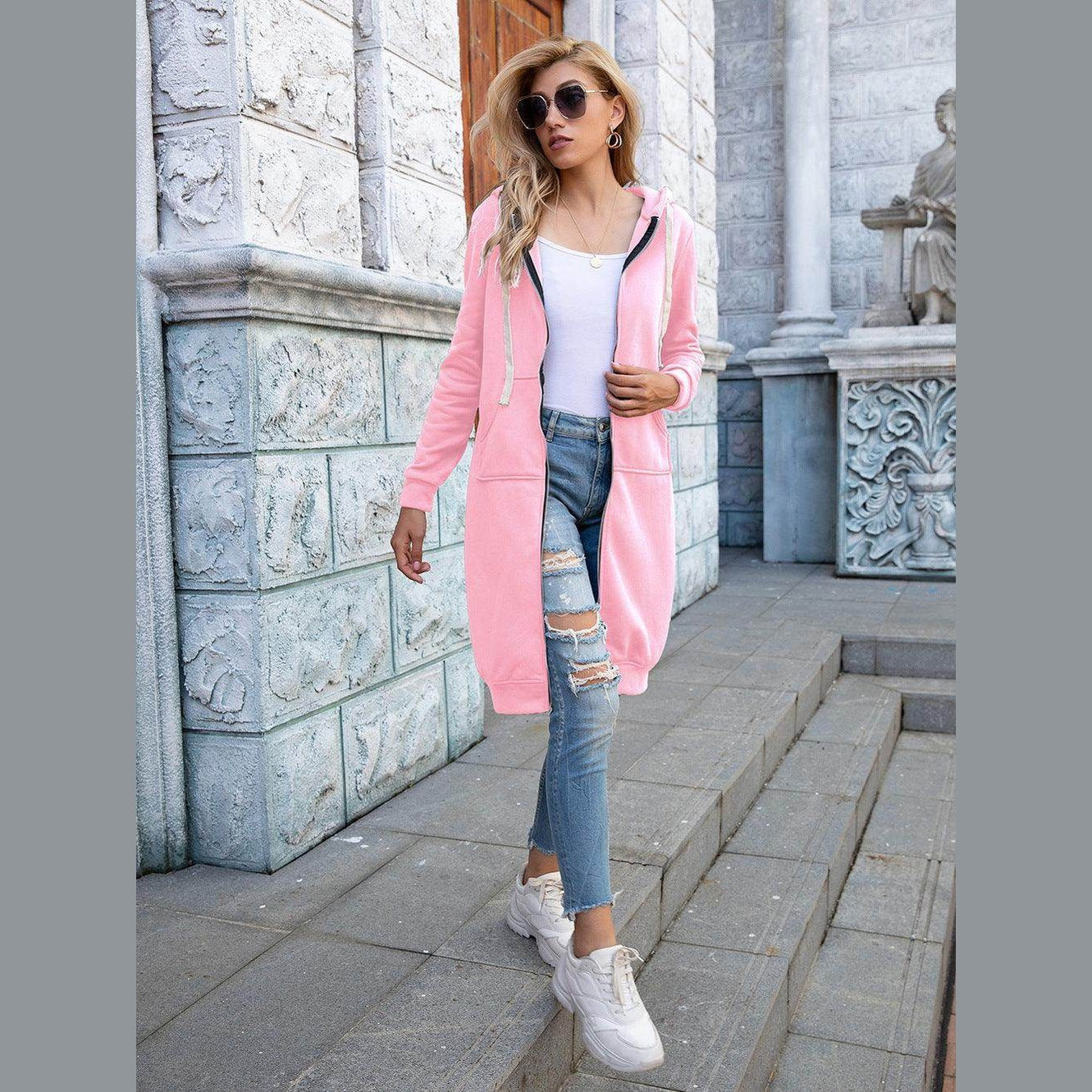 Full Size Zip-Up Longline Hoodie with Pockets - VacationGrabs