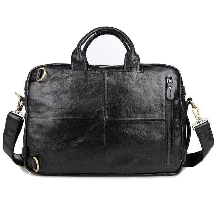 Genuine leather black briefcase with multiple pockets and adjustable shoulder strap for professional use