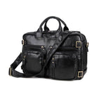 Genuine leather black briefcase with adjustable shoulder strap and multiple storage pockets