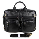 Genuine leather black briefcase with multiple front pockets and removable shoulder strap