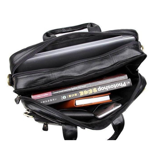 Genuine leather black briefcase featuring multiple compartments for laptop and documents