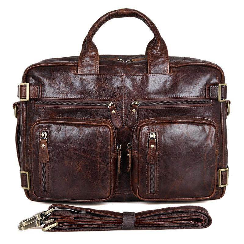 Brown VacationGrabs genuine leather black briefcase with multiple pockets and adjustable shoulder strap