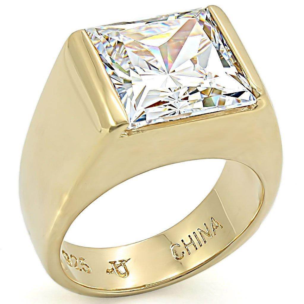 Shiny gold 925 sterling silver women's ring featuring a large princess-cut gemstone