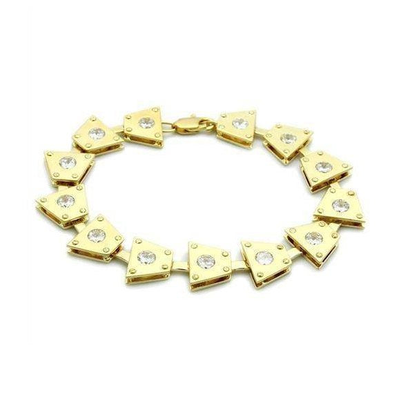 Gold brass geometric bracelet featuring unique triangular links with clear gemstone accents