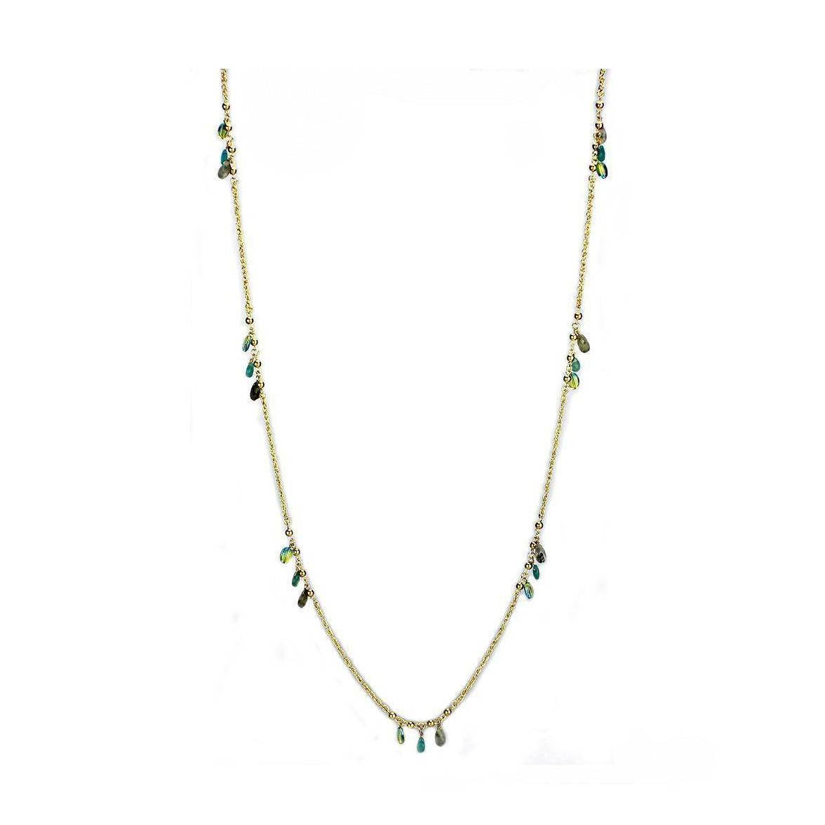 Gold brass necklace for women with dangling green and blue charms for a stylish touch