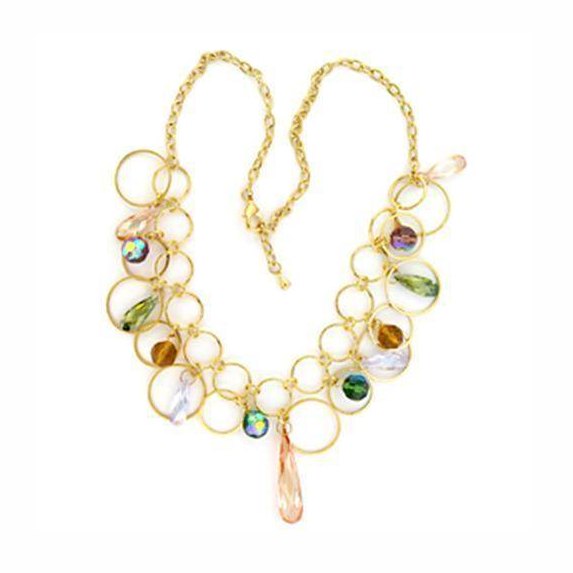 Gold brass necklace with CZ stones featuring colorful circular accents and a teardrop pendant