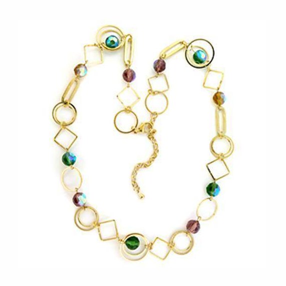 VacationGrabs gold brass necklace with glass beads featuring geometric designs and vibrant colors