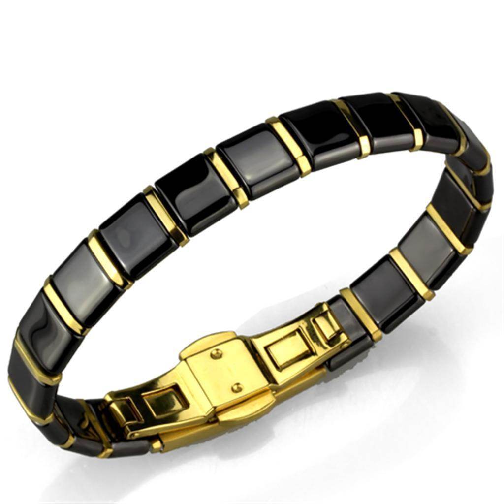 Stylish gold ion plated women's bracelet with black and gray ceramic tiles for a trendy look