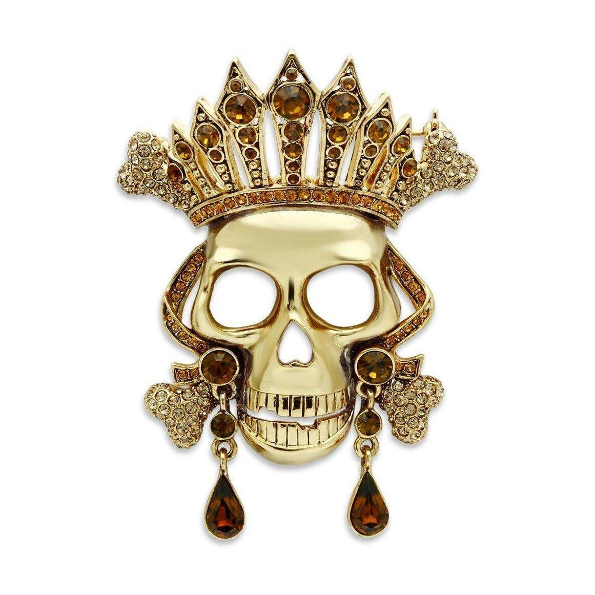 Gold skull brooch for women with jeweled crown and elegant detailing