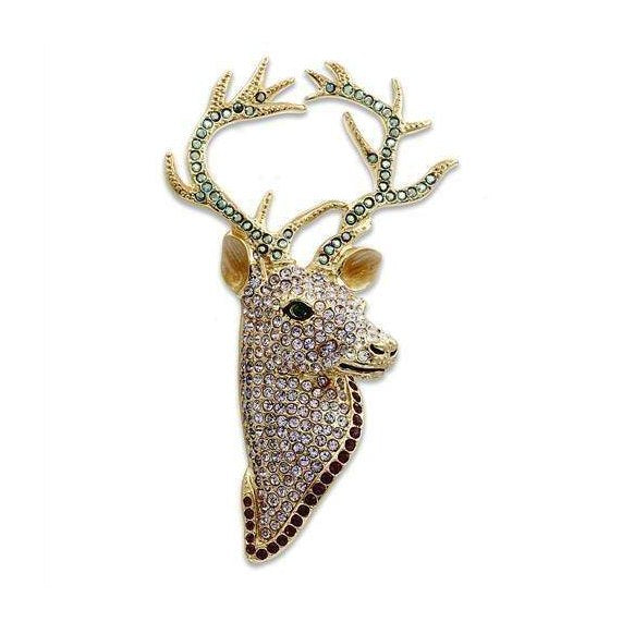 Gold white metal animal brooch featuring a sparkling deer design with colorful gemstones