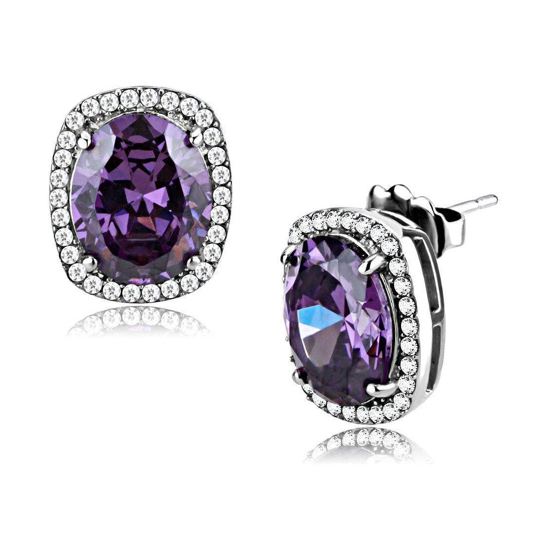 Beautiful high polished no plating earrings featuring a purple gemstone surrounded by sparkling crystals