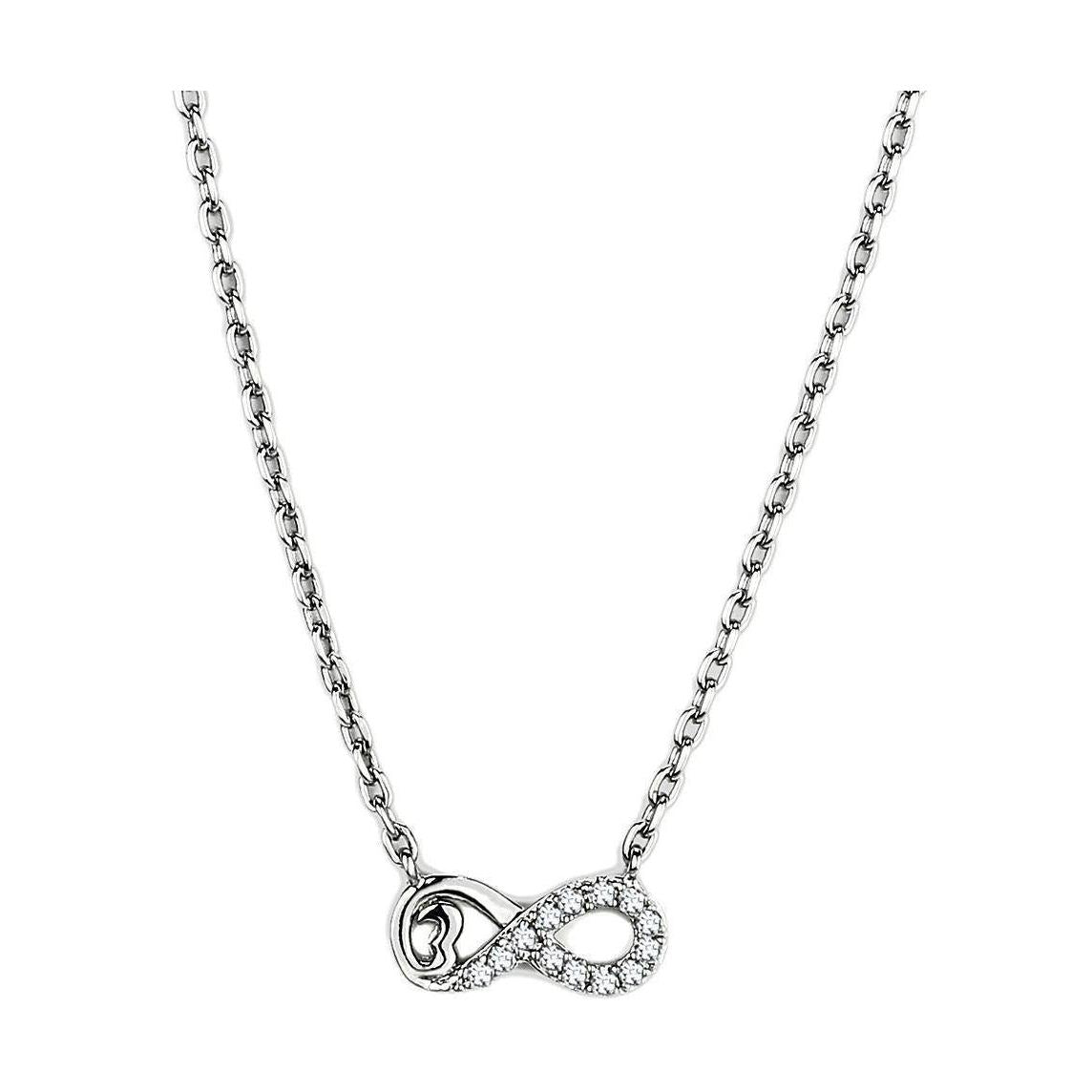 High polished silver tone necklace with an infinity pendant adorned with sparkling gemstones