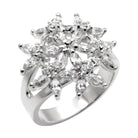 High polished sterling silver ring featuring a floral design with sparkling gemstones