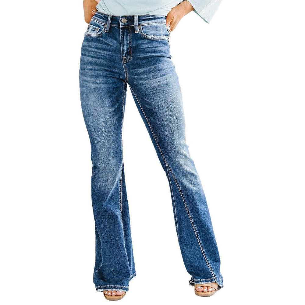 VacationGrabs high rise flare jeans in blue denim with stylish fit for women's casual wear