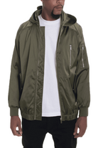Men's hooded bomber jacket olive with zippered pockets and a stylish fit