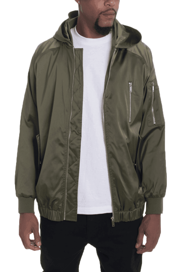 Men's hooded bomber jacket olive with zippered pockets and a stylish fit
