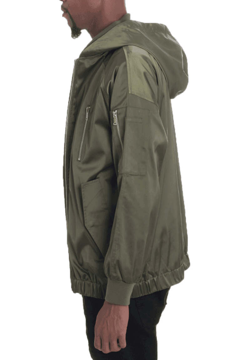 Men's hooded bomber jacket olive with multiple pockets and a stylish design for casual wear