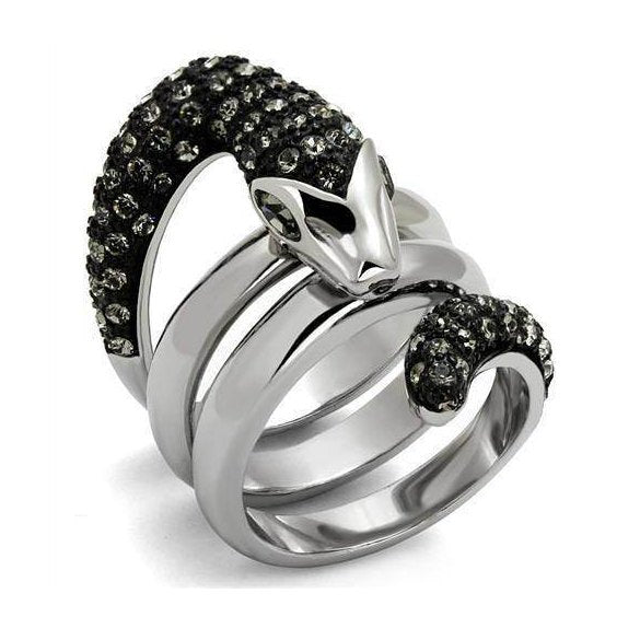 Stylish ion plated black animal ring featuring a snake design with sparkling accents