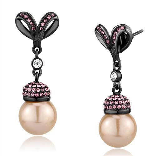 IP gun metal fashion earrings with pink crystals and pearl drops for stylish women