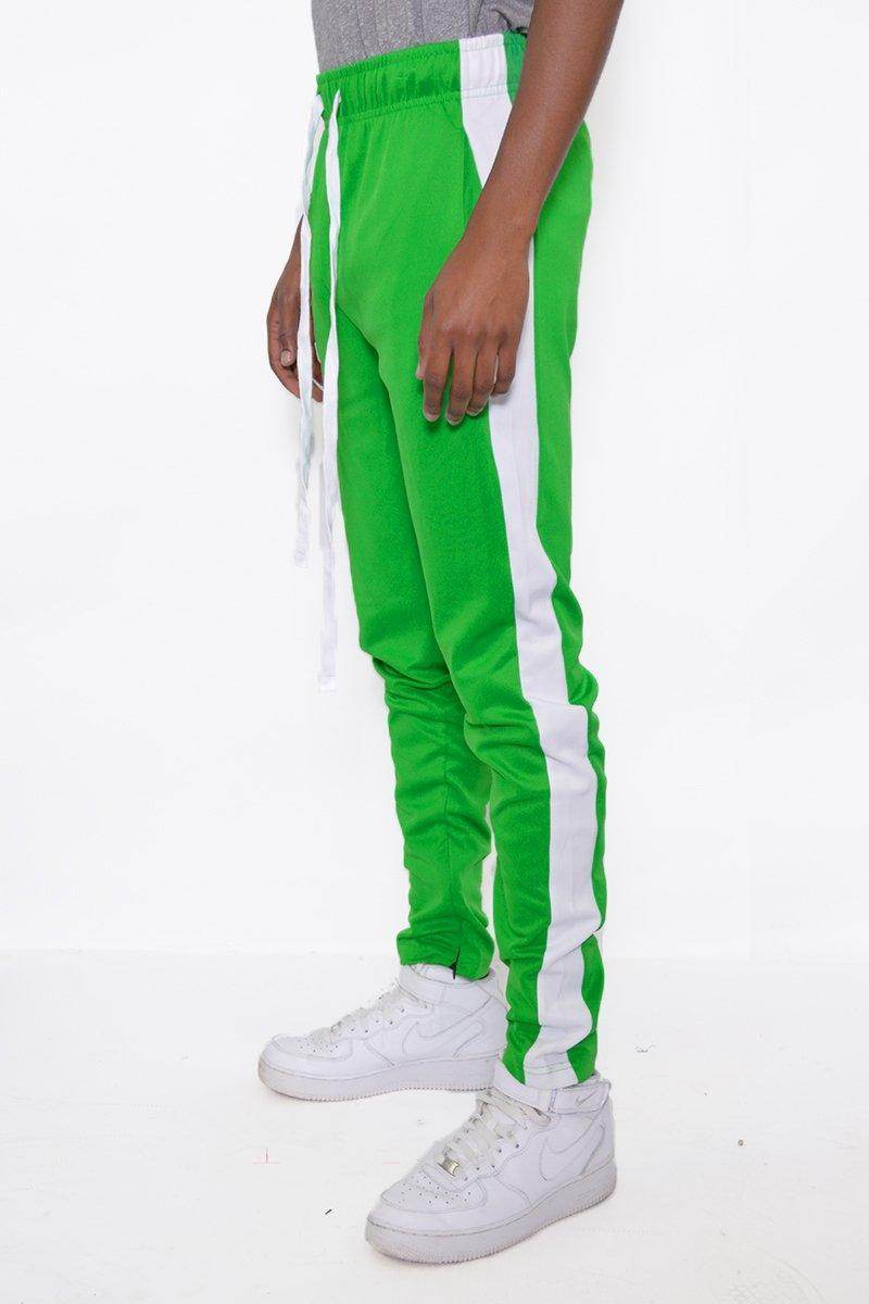 WEIV Kelly Green Slim Track Pants with white side stripes and adjustable drawstring waist