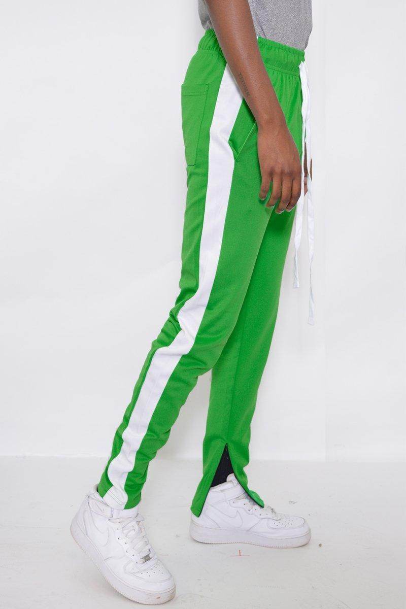 Men's Kelly Green Slim Track Pants with White Stripes and Side Slits for a Stylish Look
