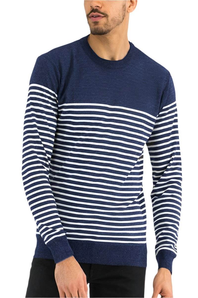 Navy and white striped knit pullover for men from VacationGrabs, perfect for casual outings.