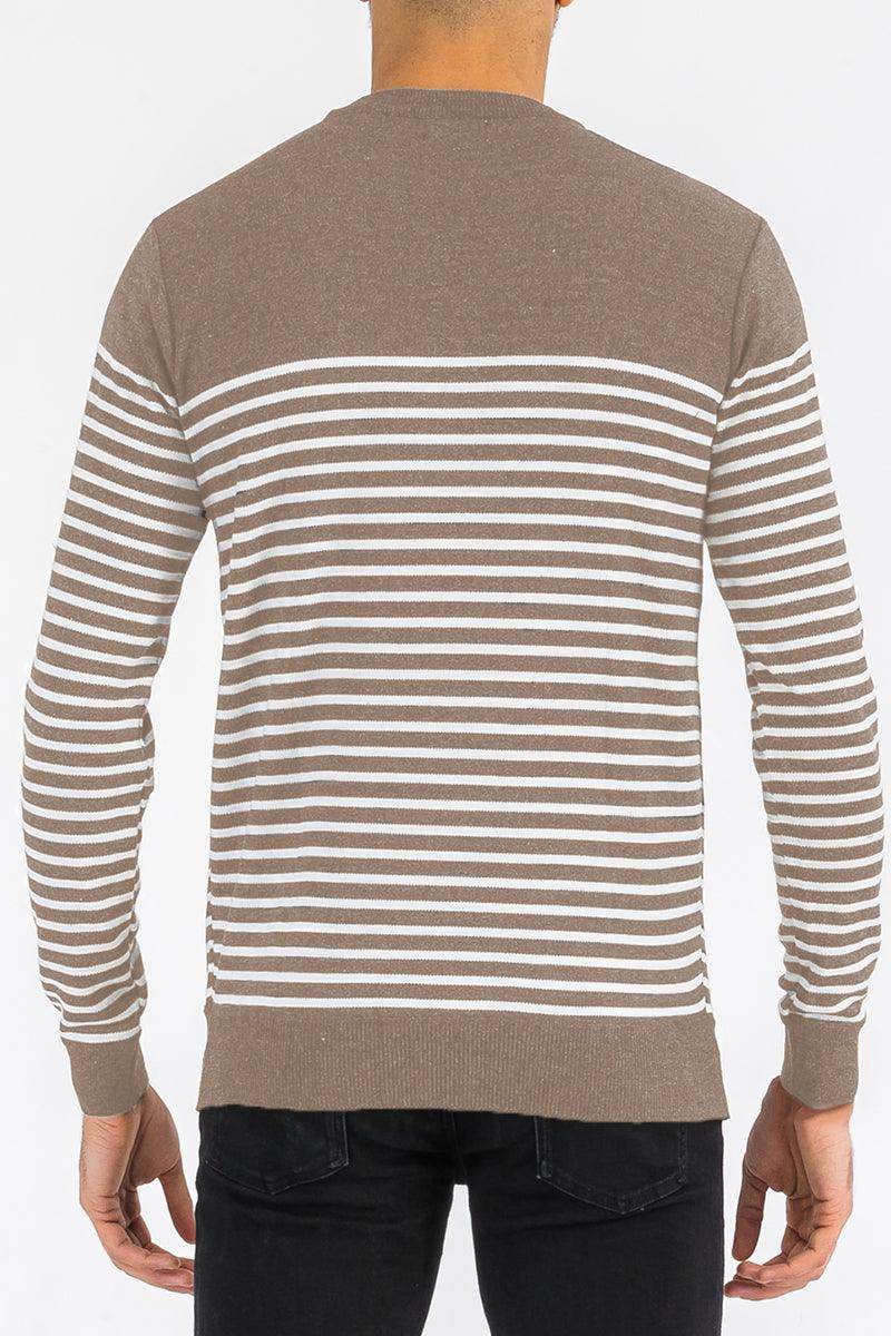 Brown and white striped knit sweater for men vacation, perfect for casual outings and comfort