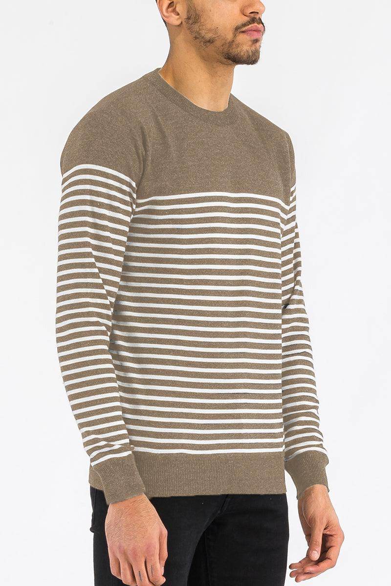 Brown and white striped knit sweater for men vacation by VacationGrabs, perfect for stylish layering