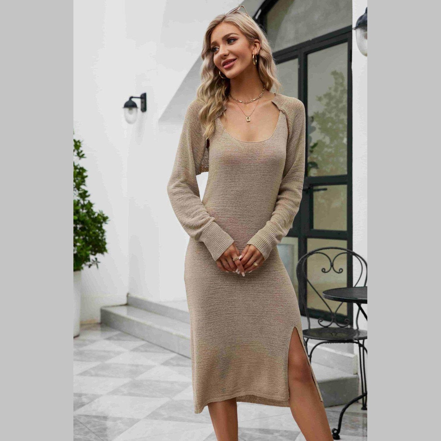 Trendsi Women's Knit Tank Dress Set in Beige with Side Slit and Long Sleeves for Comfortable Style