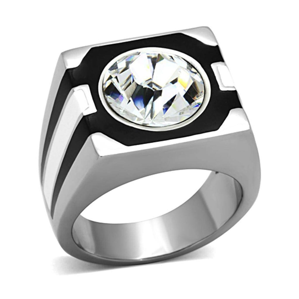 Stylish large gem crystal ring for men with a bold design and shiny silver finish