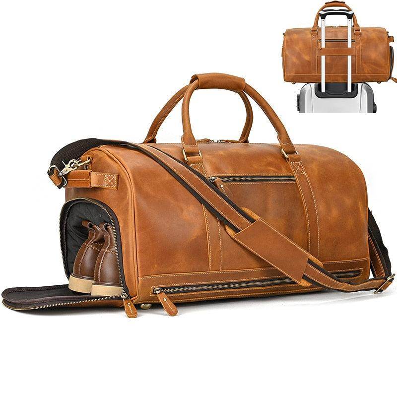 Large leather weekend bag with spacious interior and shoe compartment for travel convenience