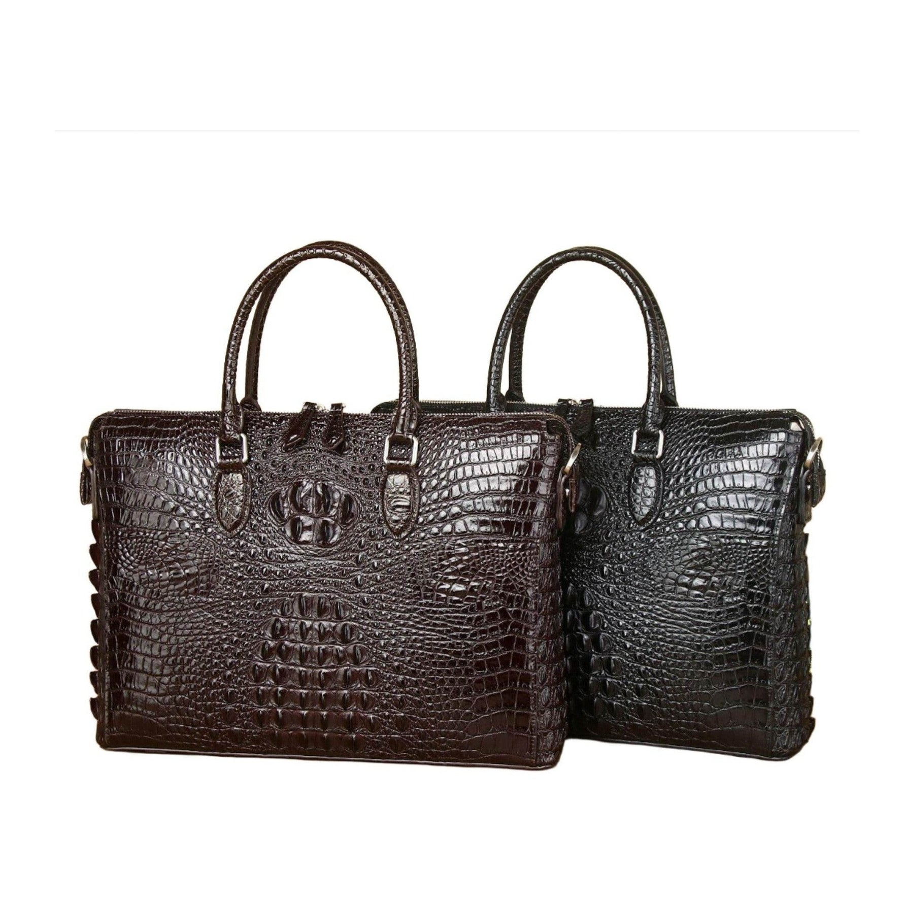 VacationGrabs leather laptop briefcase men in brown and black with croc pattern and dual handles