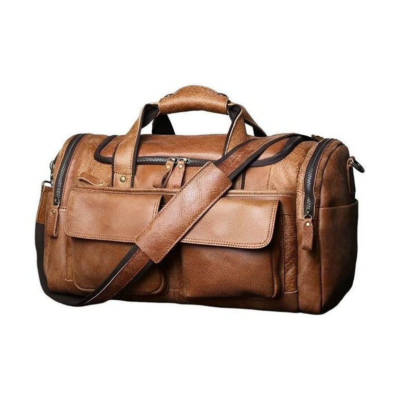 Leather travel duffel bag by VacationGrabs featuring multiple pockets and sturdy handles
