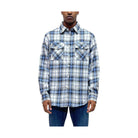 VacationGrabs light blue flannel shirt with plaid pattern and button-up front for casual wear