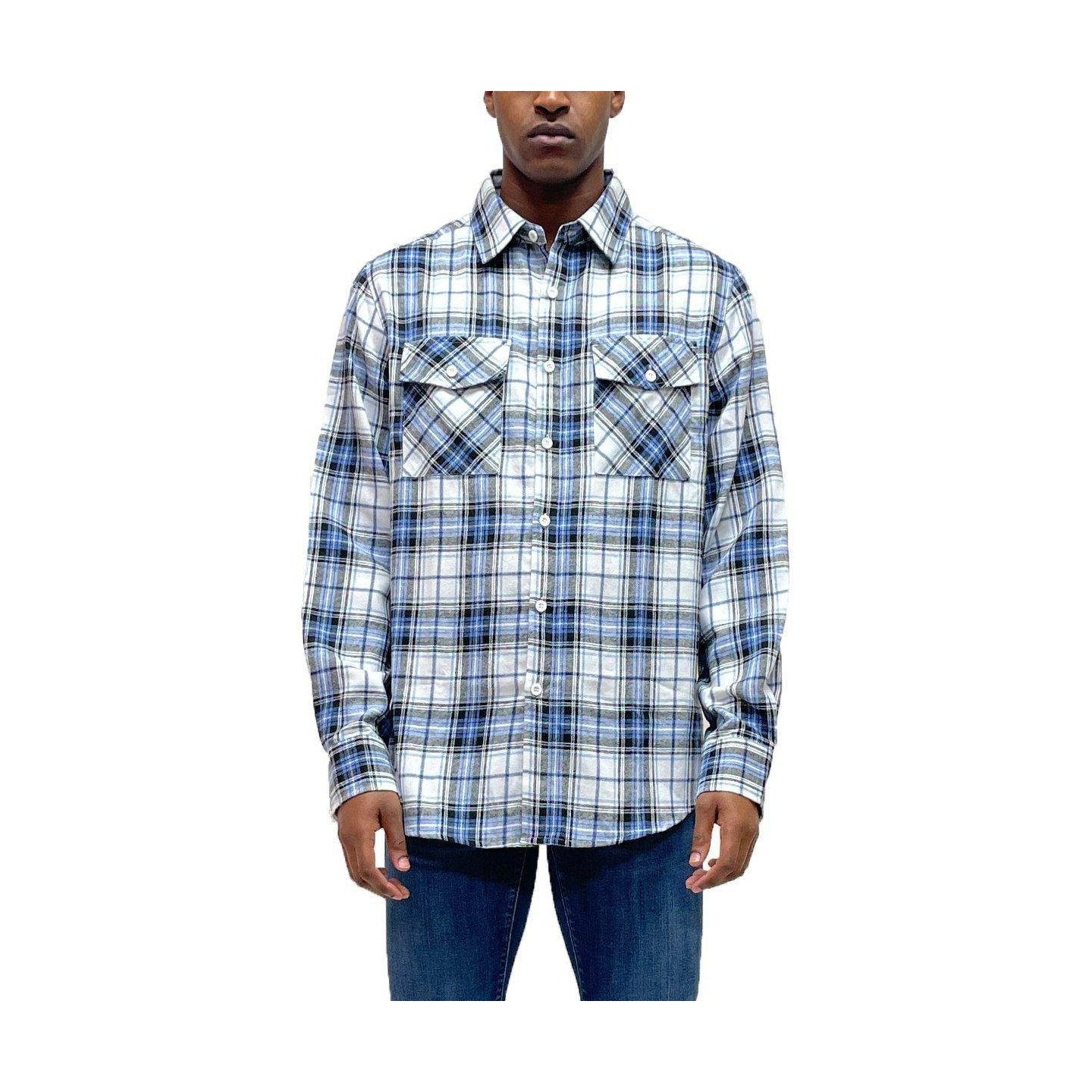 VacationGrabs light blue flannel shirt with plaid pattern and button-up front for casual wear