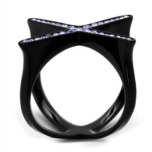 Stylish black ring featuring lilac synthetic crystal rings elegantly set in a cross design