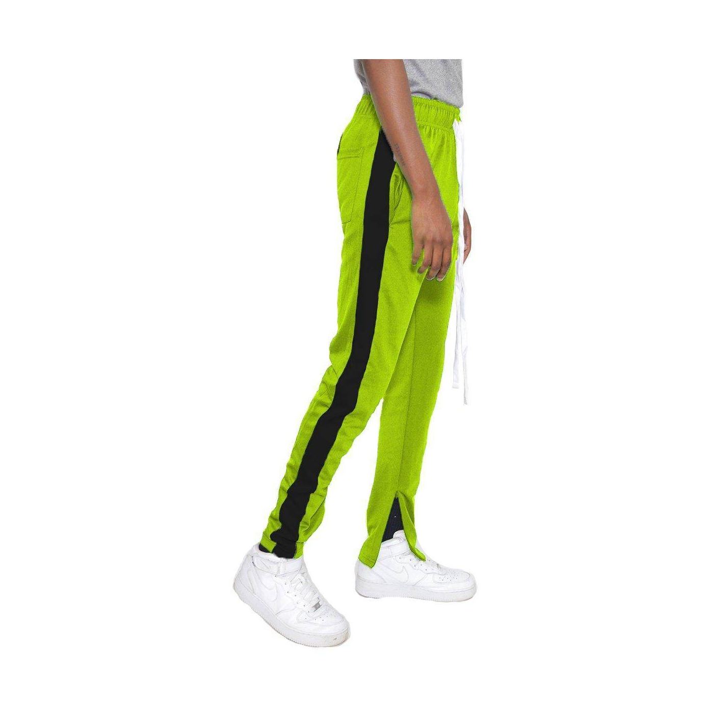 Lime green track pants men with black side stripes and a comfortable fit for casual wear