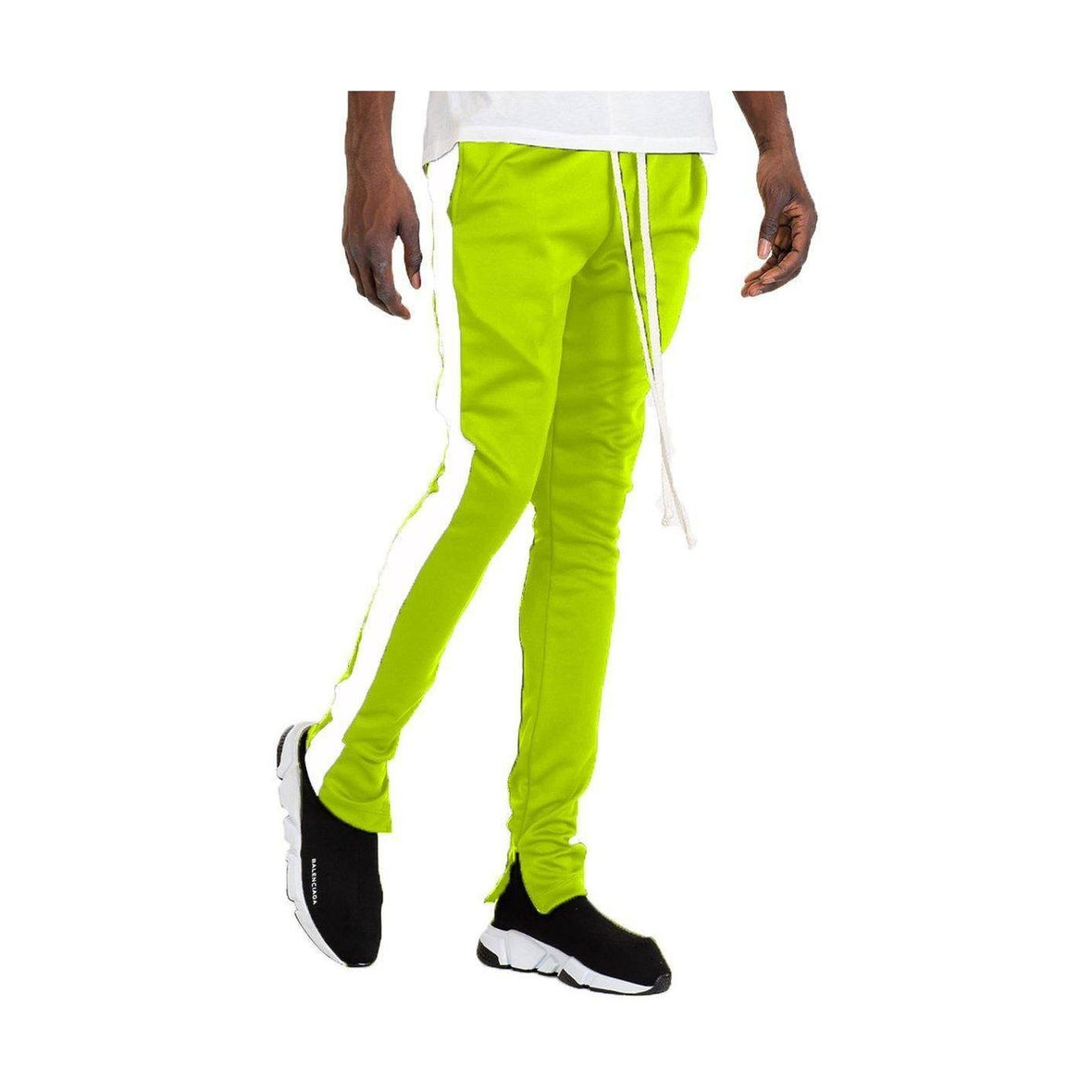 Men's lime green track pants from VacationGrabs with stylish side stripes and comfortable fit