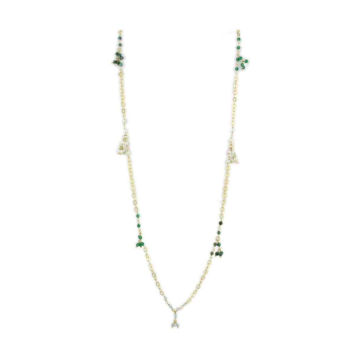 Elegant long matte gold necklace for travel featuring decorative green accents and a unique design