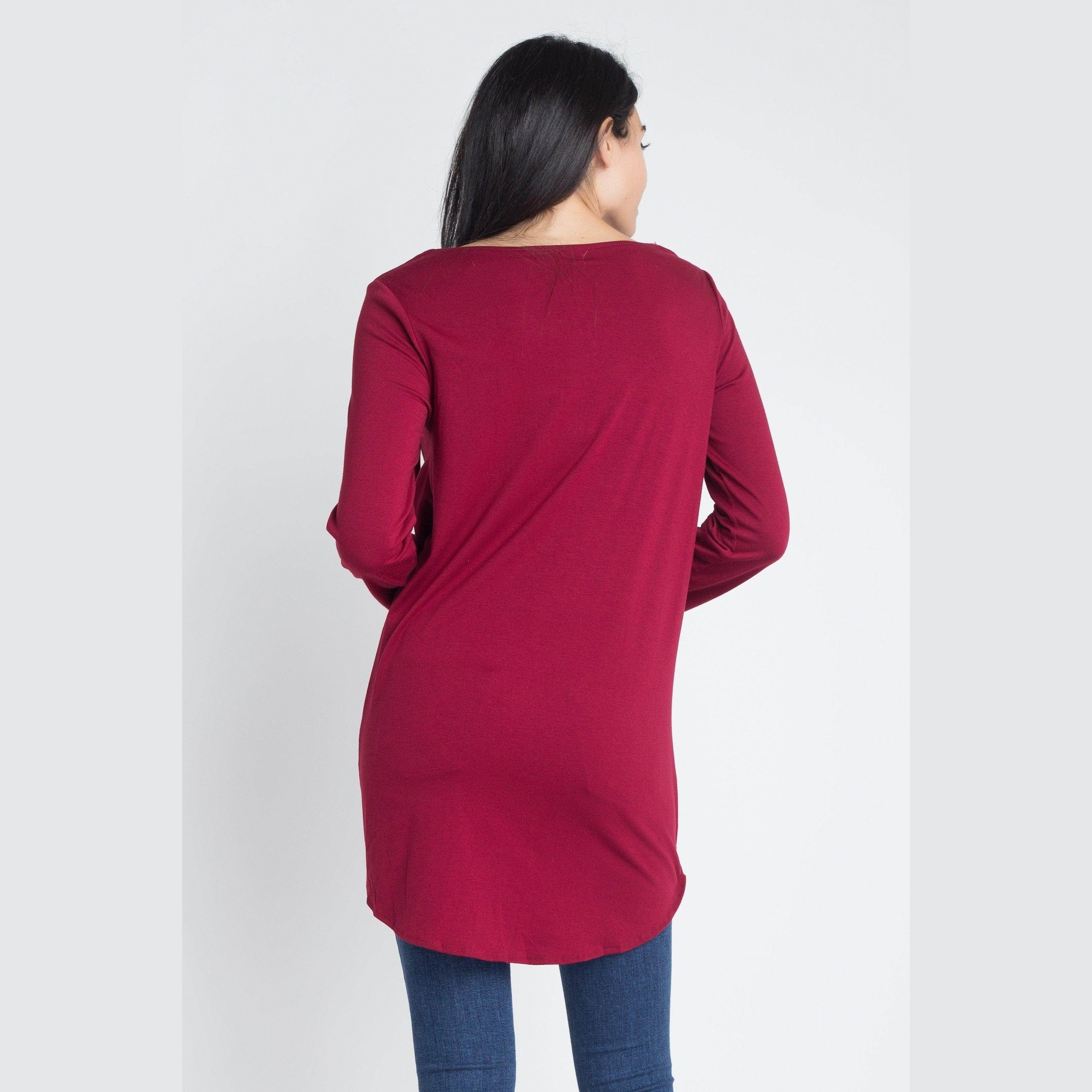 Back view of a burgundy women's long sleeve wrap blouse from Ivory Felix for stylish outfits