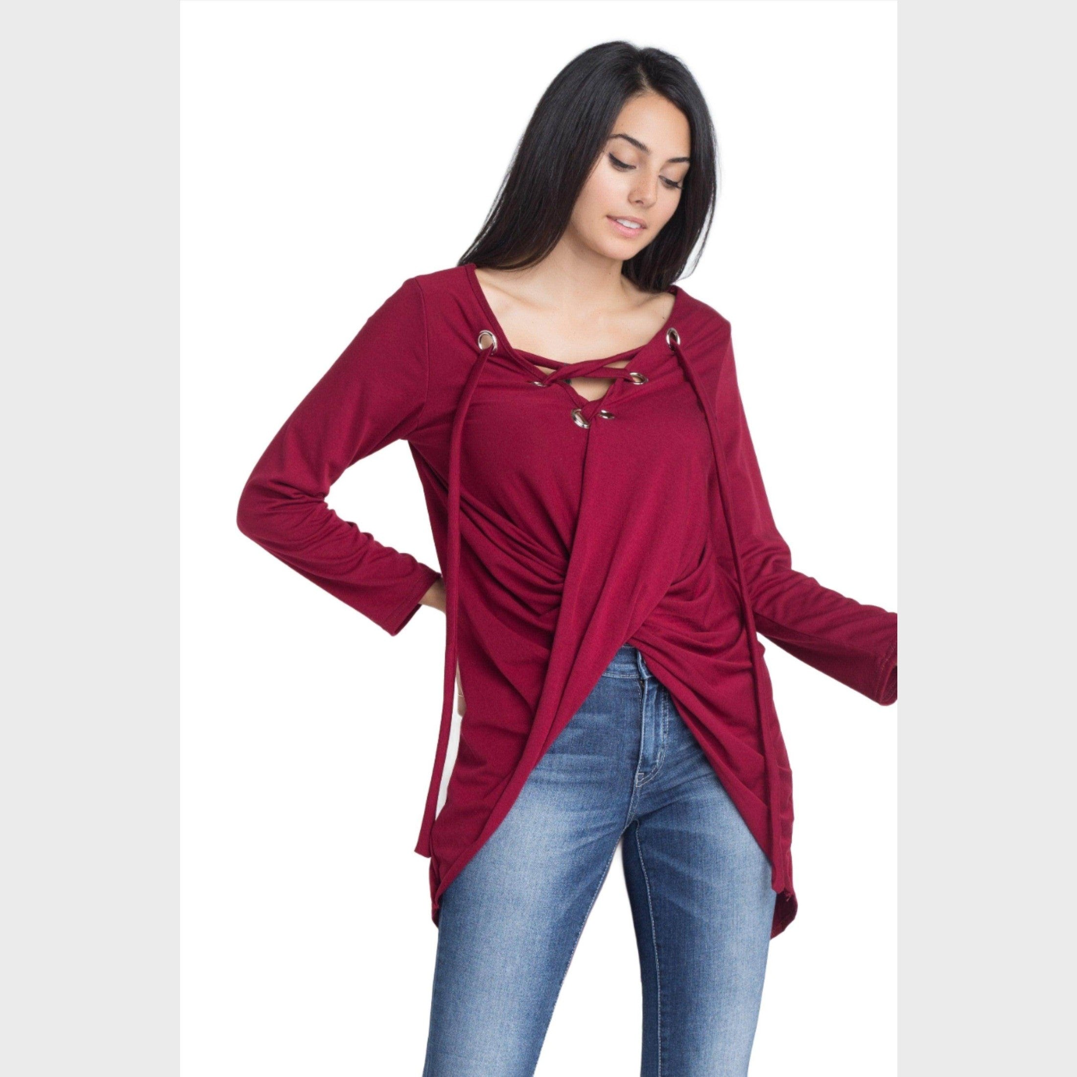 Burgundy long sleeve wrap blouse by Ivory Felix with stylish lace-up detail and draped front