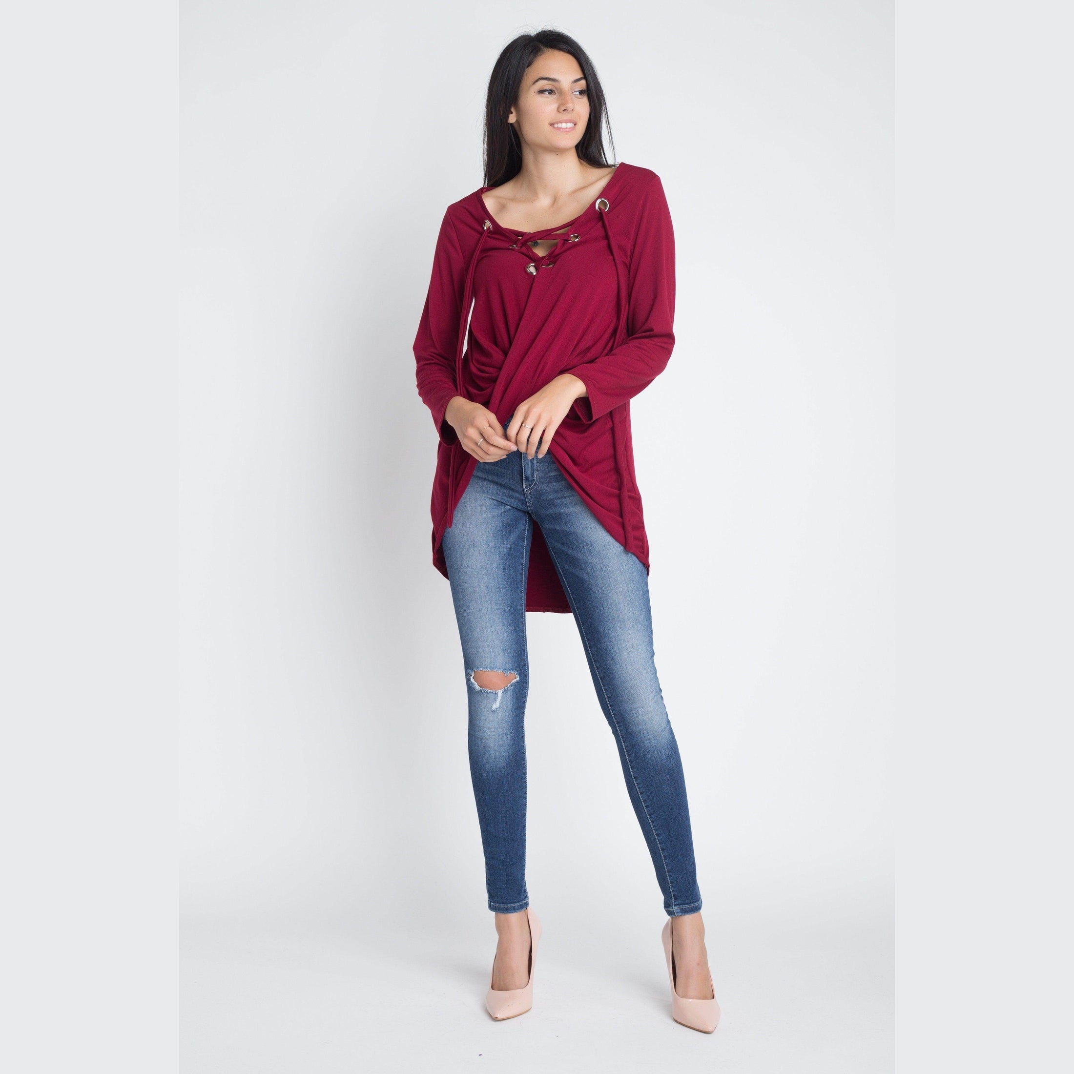 Women's Ivory Felix long sleeve wrap blouse in burgundy with a stylish knotted design