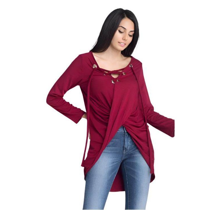 Burgundy women's long sleeve wrap blouse with button detail and stylish draping design