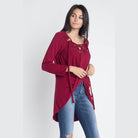 Burgundy Long Sleeve Wrap Blouse with Lace-Up Detail and Side Ties for Women