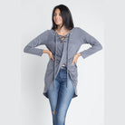 Ivory Felix Long sleeve wrap blouse in grey with lace-up front detail and relaxed fit