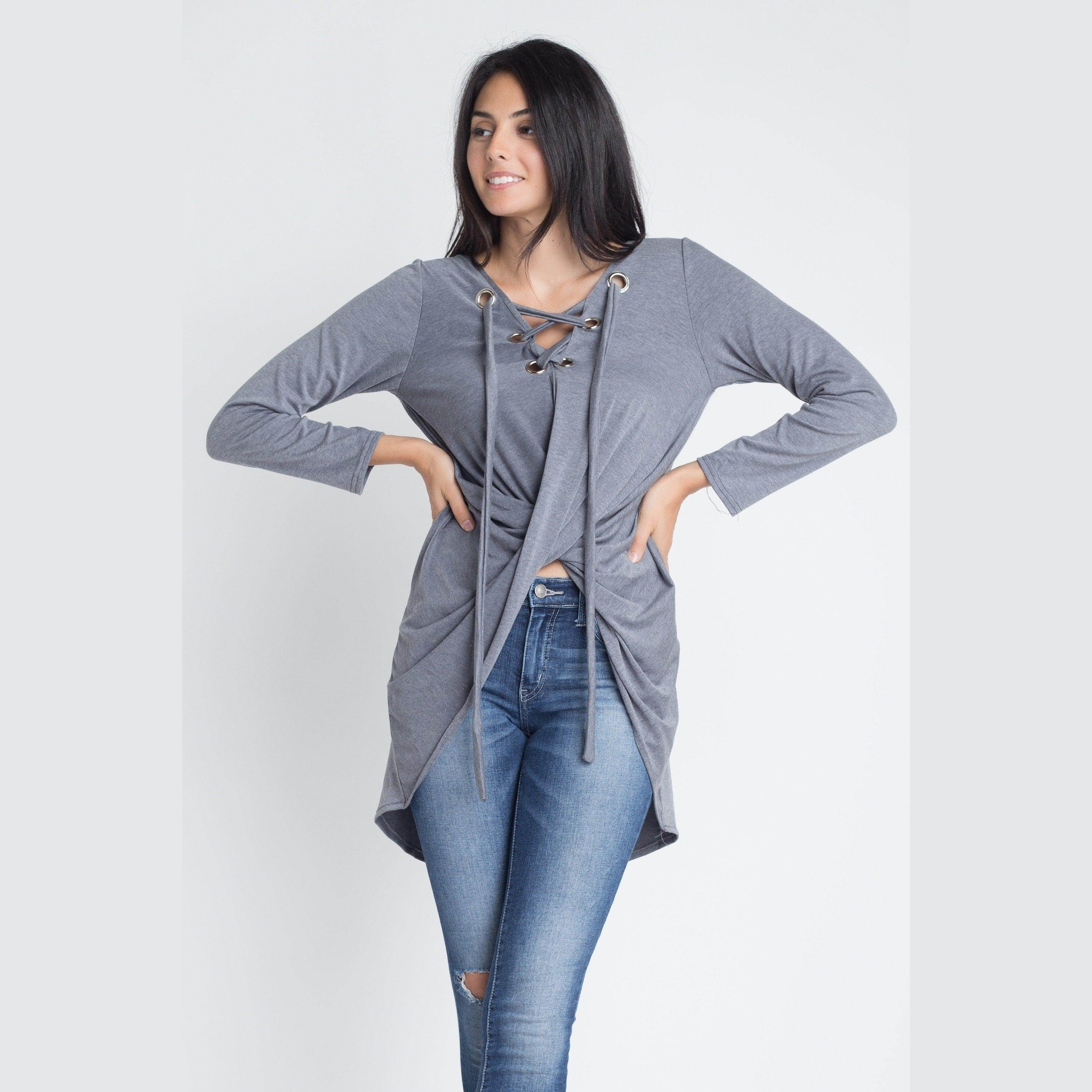 Ivory Felix Long sleeve wrap blouse in grey with lace-up front detail and relaxed fit