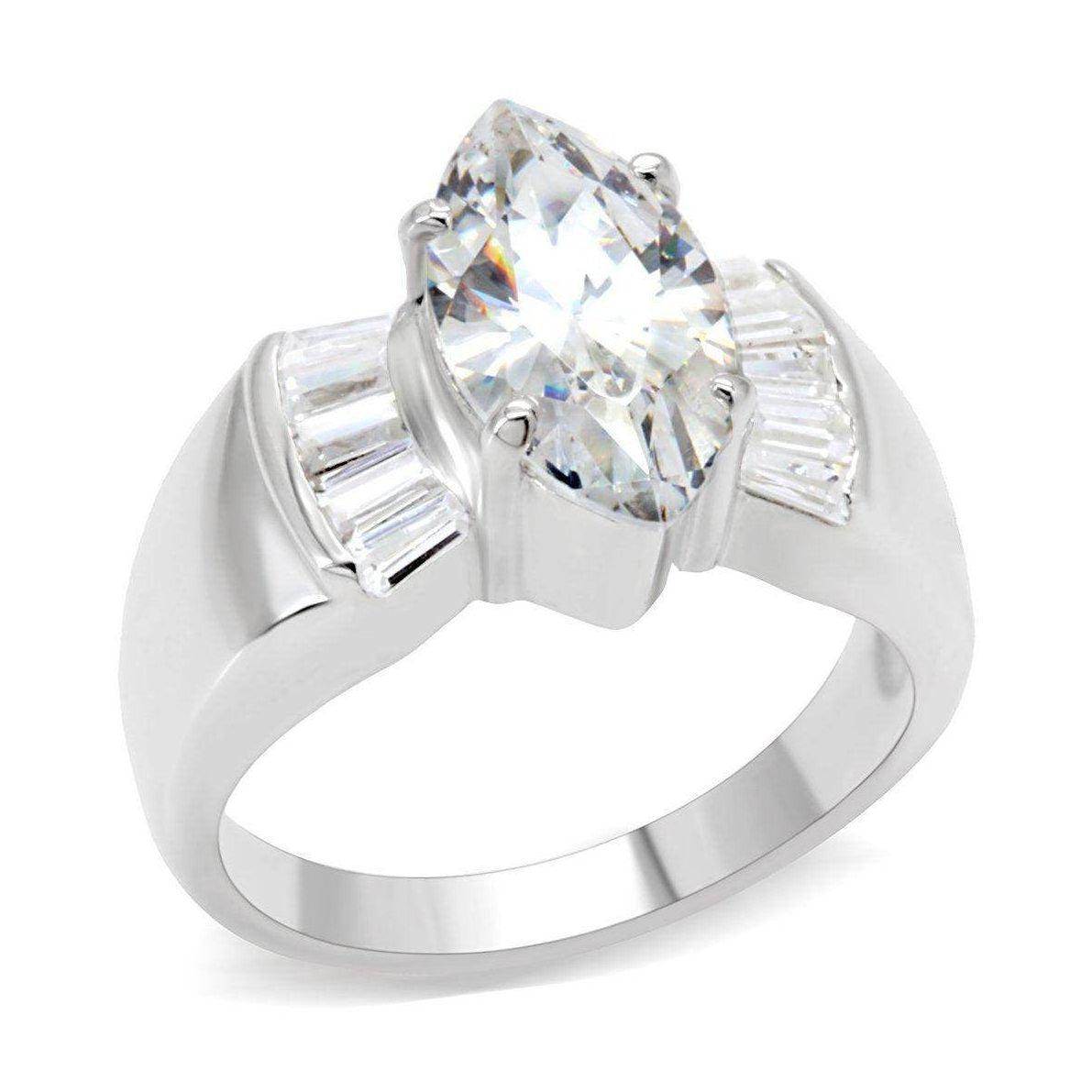 Stunning marquise cut silver ring featuring a large center stone and elegant side accents