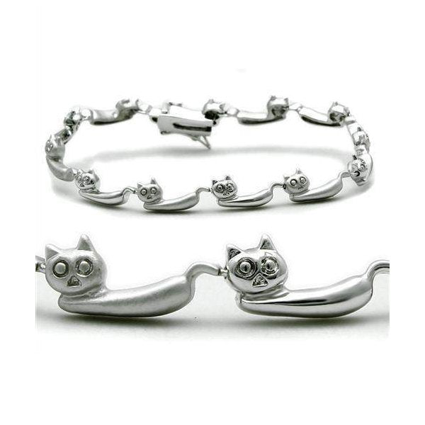 Matte rhodium brass bracelet for women featuring playful cat charms in a sleek design
