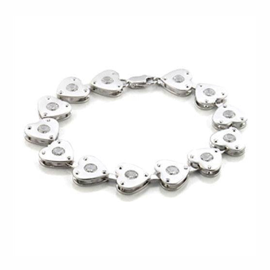 Matte rhodium women's bracelet with heart-shaped links featuring sparkling accents