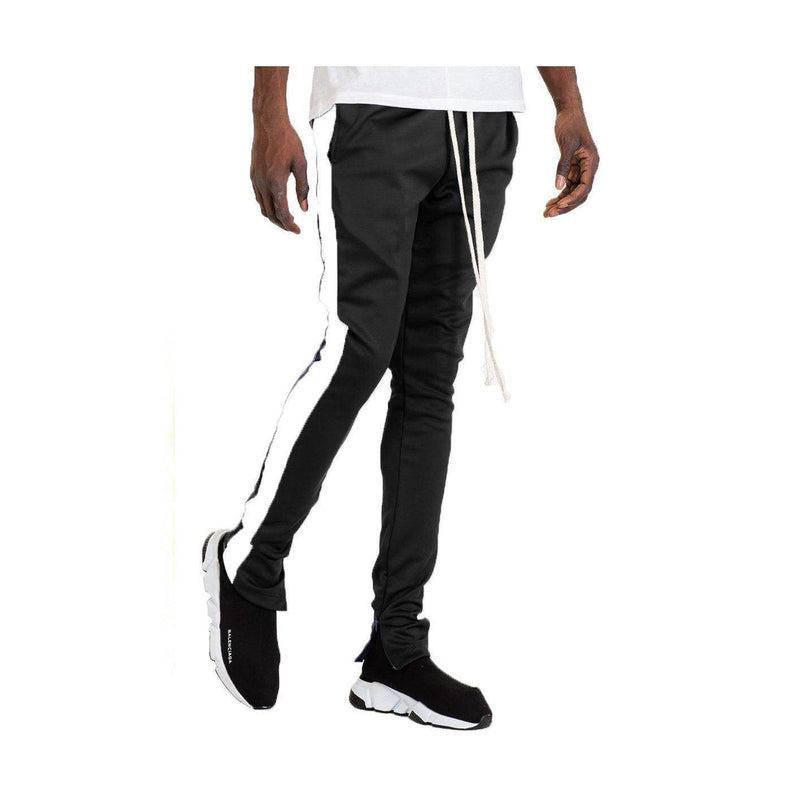 Mens black white track pants for men with slim fit and stylish side stripes for active wear